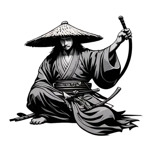 Japanese Warrior With Straw Hat Sitting