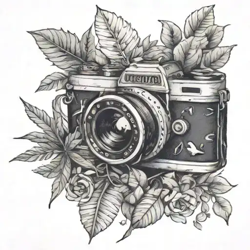 A Detailed Black And Grey Tattoo Of A Camera Surrounded By Lush Greenery And Wildlife