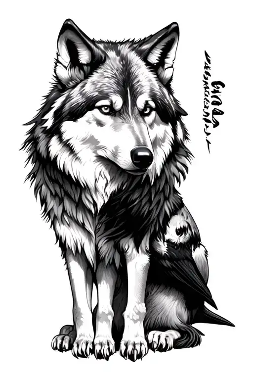 Wolf And Raven Sitting