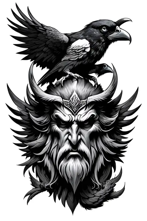 Odin Head With 2 Ravens Huginn And Muninn