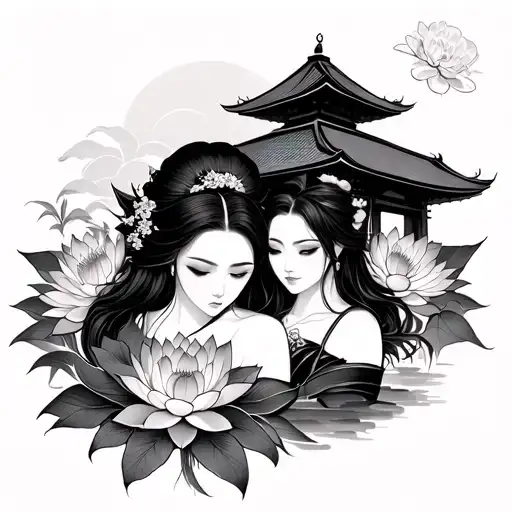 Japanese Wife And Flower Lotus And Temple And Tori