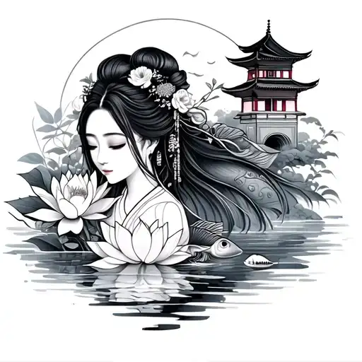 Japanese Wife And Flower Lotus And Temple And Water Fish