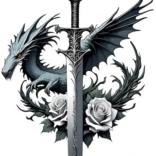 Dragons Flying Around Dagger With Roses On It