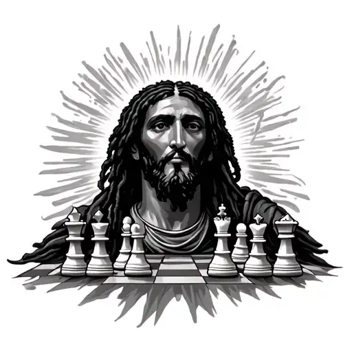 Black Jesus With Dreads And Moving Chess Pieces Arranged