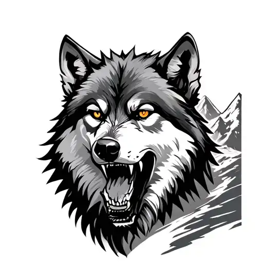Growling Wolf And Mountains