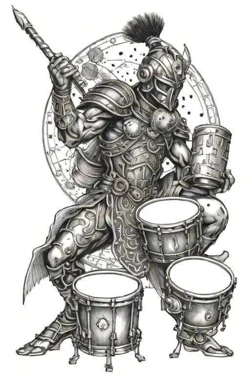 A Black-grey Tattoo Of A Warrior Drummer Surrounded By Celestial Bodies