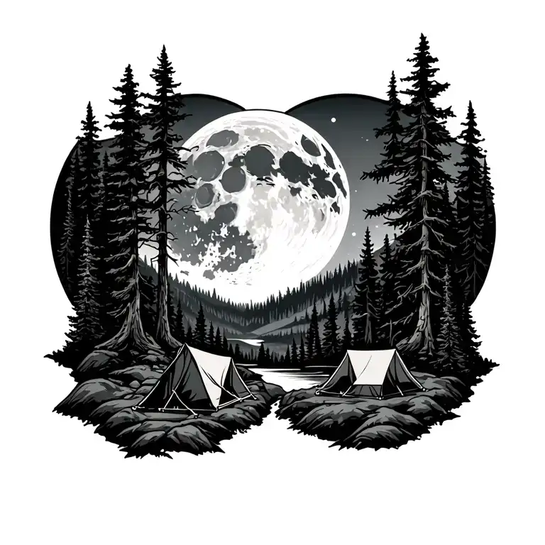 Massive Forest Landscape With Huge Moon In The Background Tattoo With Campsite