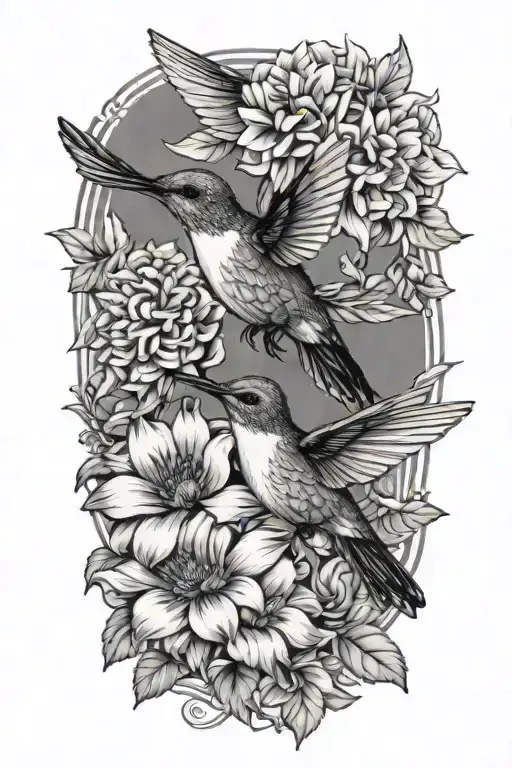 Hummingbird Perched On Bouquet Of Dahlias