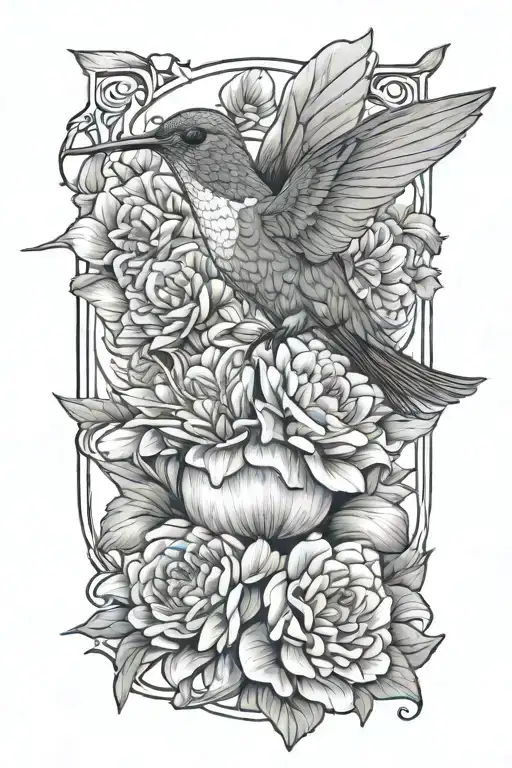 One Hummingbird Perched On Bouquet Of Dahlias