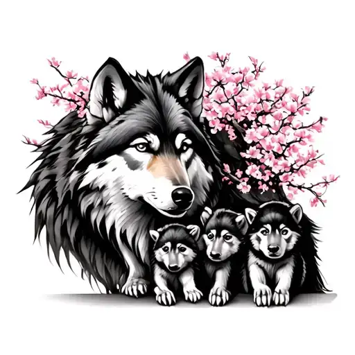 Japanese Wolf Under Blossom Tree With 2 Cubs
