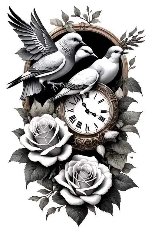Turtle Doves Roses And Clocks