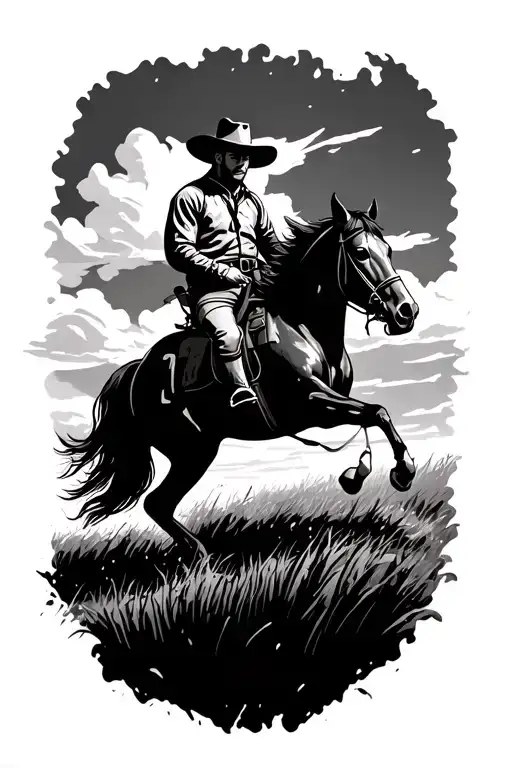 Cowboy Riding A Horse Galloping Through A Field Far Away
