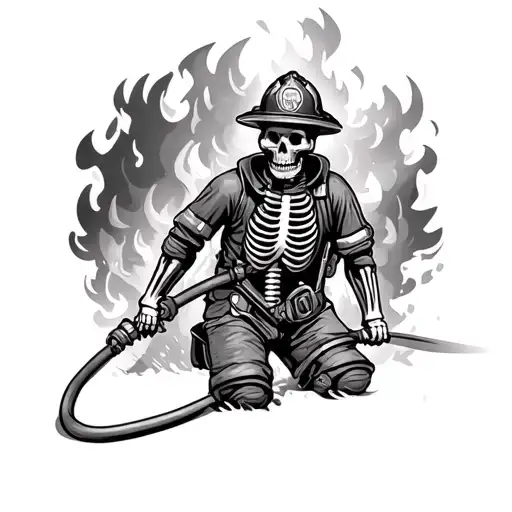 Firefighter Skeleton Hosing Down A Fire With Detail