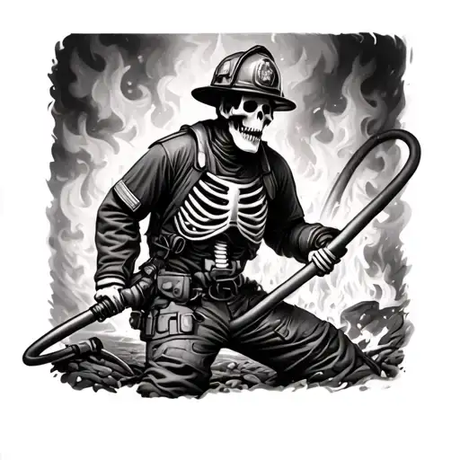 Firefighter Skeleton Hosing Down A Fire With Detail For Arm Sleeve