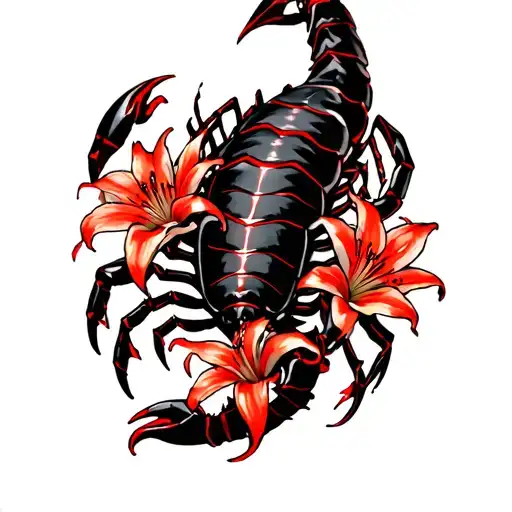 Red And Black Lightsly Shaded Lillies Wrapping Around A Scorpion From Mortal Kombat