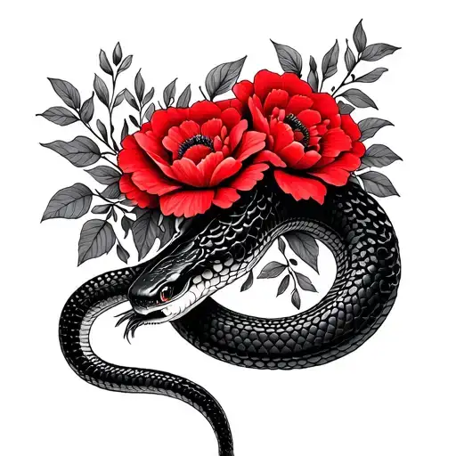 Black Detail Snake With Red Flowers All Fine Line For Hip