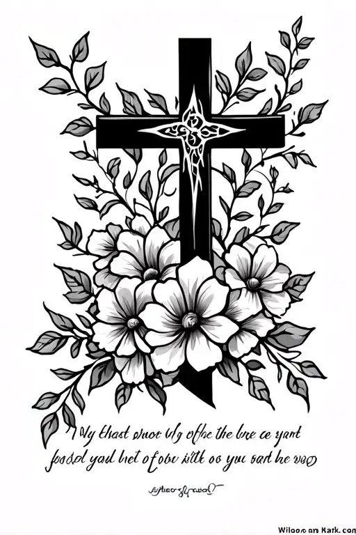 Back Tattoo With Flowers And Vines With A Cross And An Inspirational Quote From The Bible