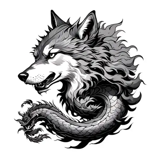 Wolf With Japanese Temple Intertwined With A Dragon