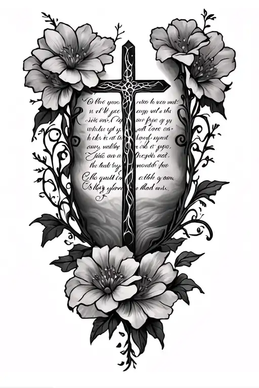 Back Tattoo With Flowers And Vines With A Cross And An Inspirational Quote From The Bible Vertical
