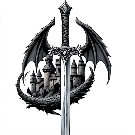 Sword In Stone With Dragon Wing Handle With A Castle In The Back