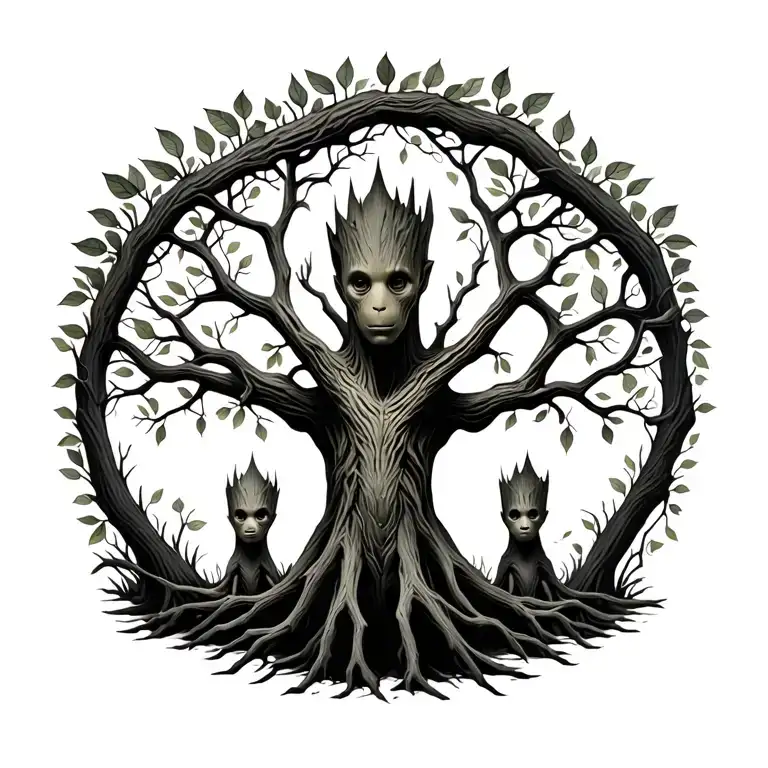 Detailed Groot Family Tree With Leaves Growing