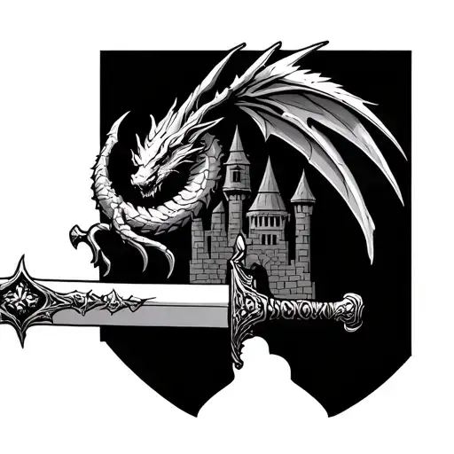 Sword In Stone With Dragon Wing Handle With A Castle In The Back