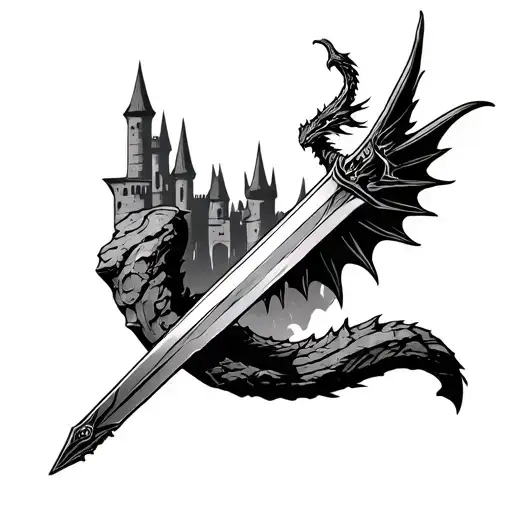 Sword In Stone With Dragon Wing Handle With A Castle In The Back