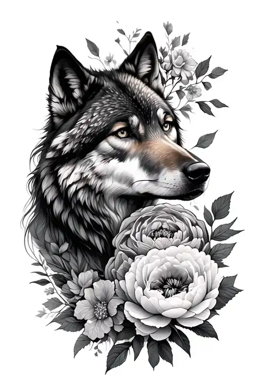 Woman And Wolf Portrait Hidden In Leaves And Peony