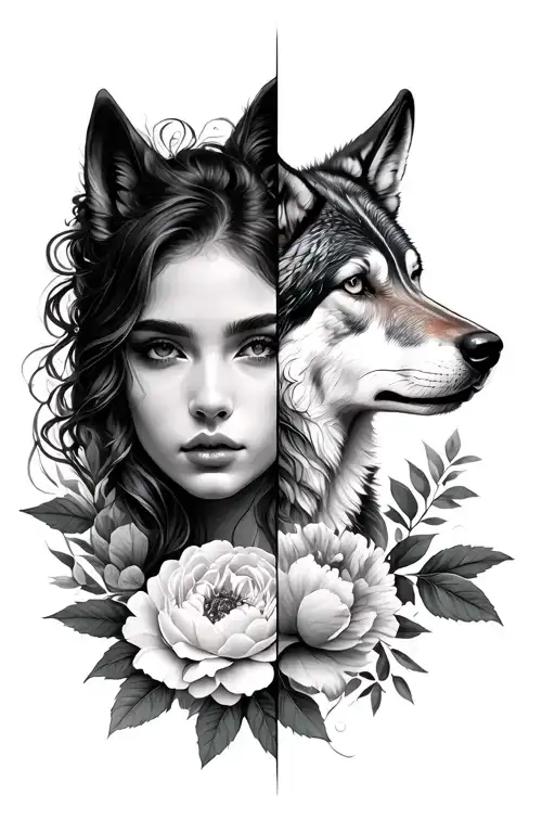 Half Woman Portrait And Half Wolf Portrait Together Hidden In Leaves And Peony
