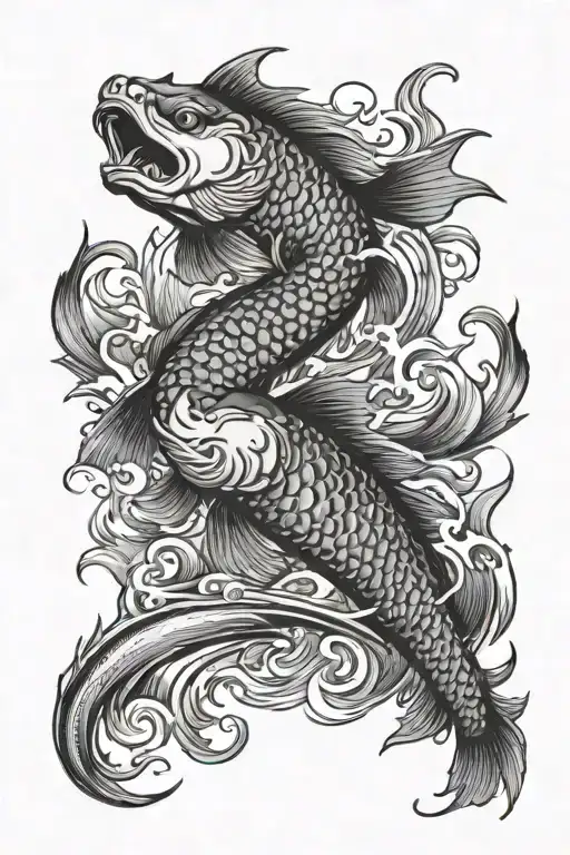 Japanese Koi Carp And Japanese Dragon Looking At Each Other Swimming Up The River