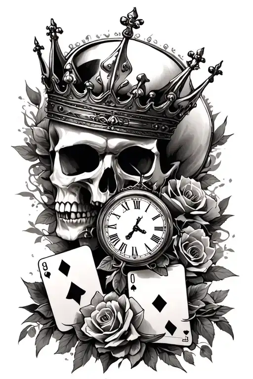 Skull And Crown And Clock And Cards