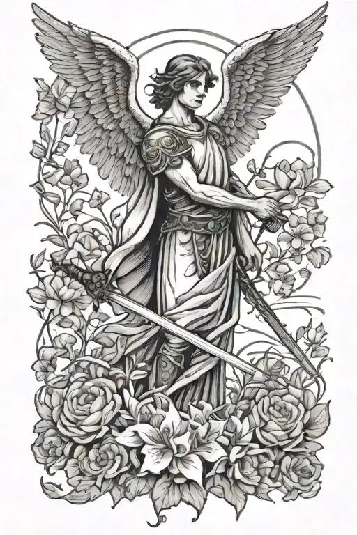 Male Angel In Field Of Swords And Flowers