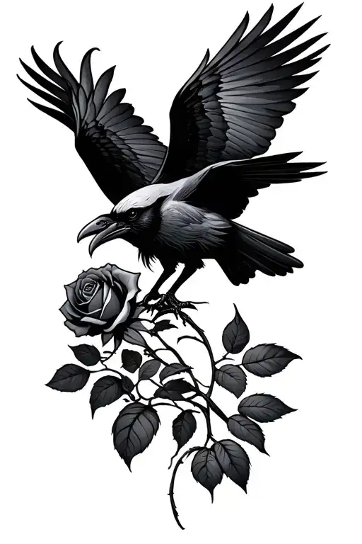 Raven Flying Up With A Rose In Its Mouth