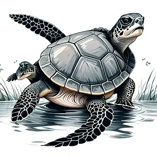 Mom Turtle And Baby Turtle Swimming Upstream