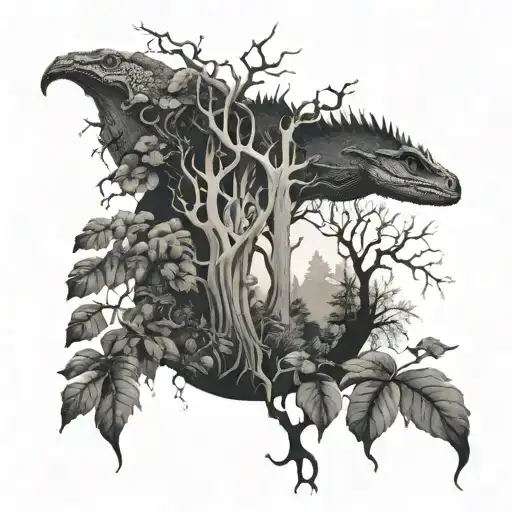 A Black-grey Tattoo Of A Mystical Forest With Hidden Reptiles Peeking Out From The Trees