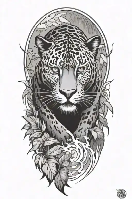 Black Panther Swimming Upstream Surrounded By Rainforest