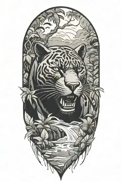 Black Panther Swimming Upstream At An Angle Surrounded By Rainforest