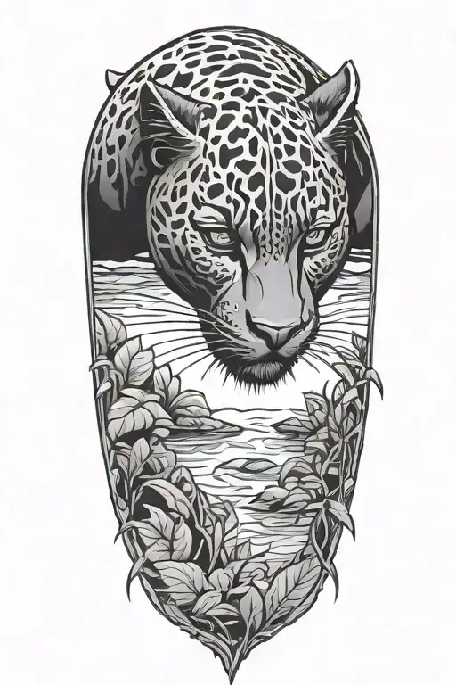 Black Panther Swimming In A River At An Angle Surrounded By Rainforest