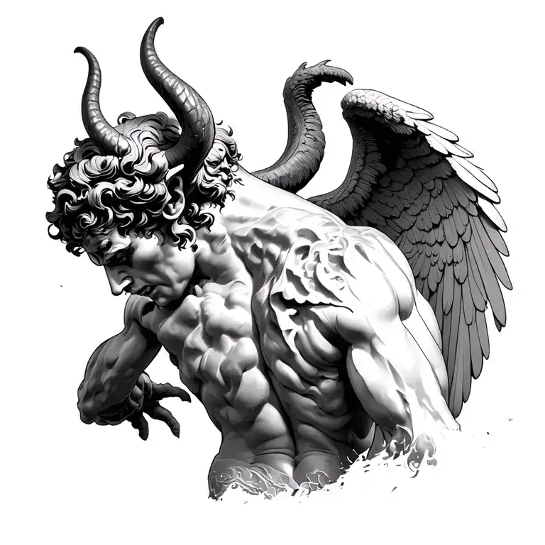 Greek Statue Version Of Satan Facing Away Showing His Back Where His Wings Have Been Cut Off