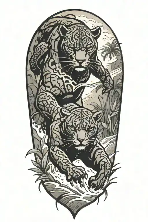 Black Panther Running In A River At An Angle Surrounded By Rainforest