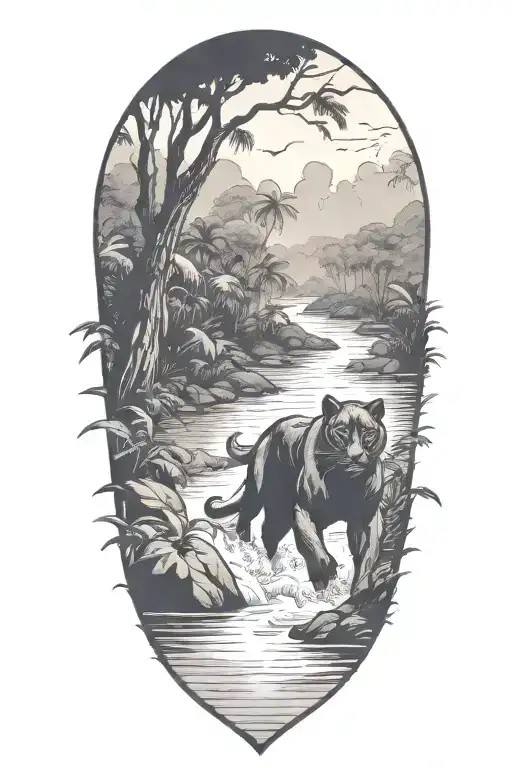 Black Panther Running In A River At An Angle Surrounded By Rainforest
