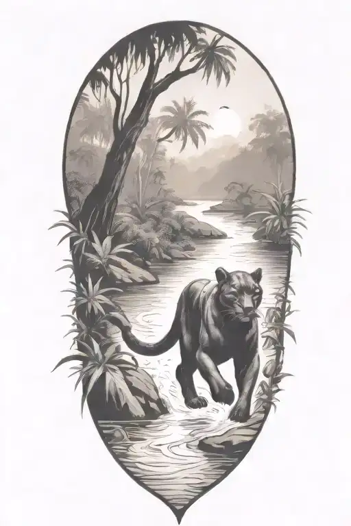 Black Panther Running In A River At An Angle Surrounded By Rainforest