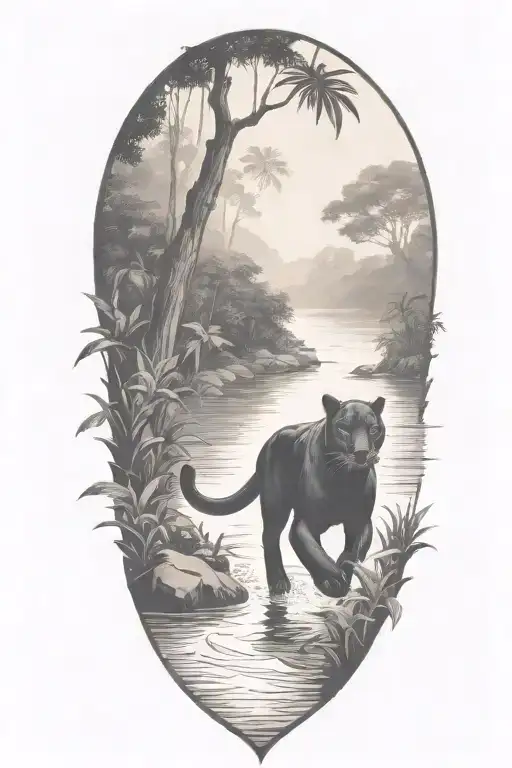 Black Panther Running In A River At An Angle Surrounded By Rainforest