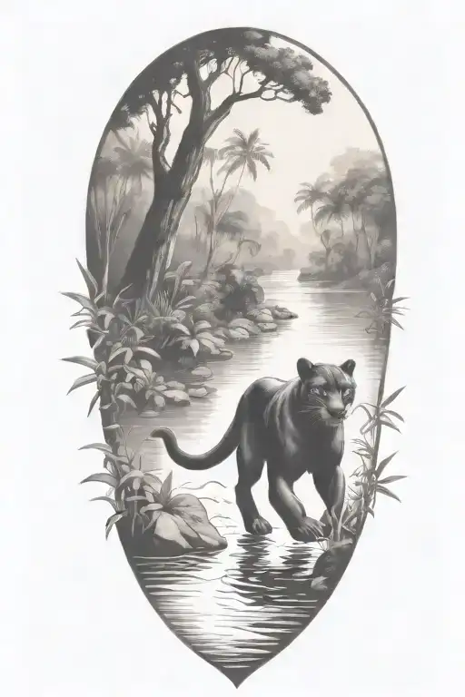 Black Panther Running In A River At An Angle Surrounded By Rainforest