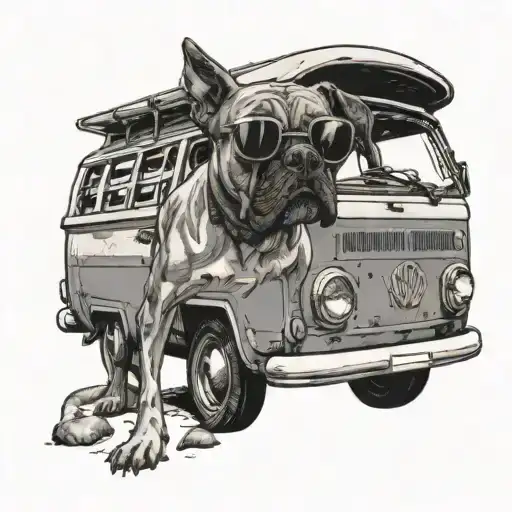 A Boxer Dog Wearing Sunglasses Driving An Old Vw Van With Music Speakers On The Roof