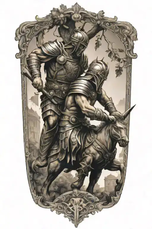 Roman Gladiator Battling A Mythical Creature Under The Shade Of The Tree Of Life