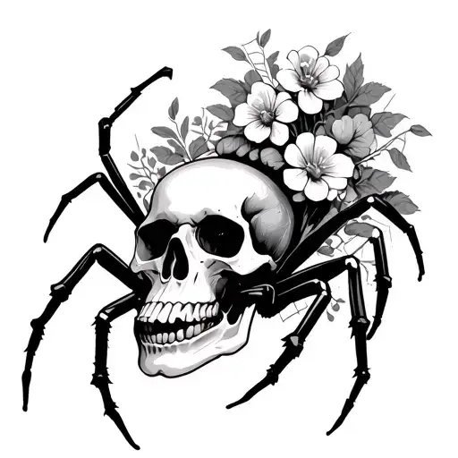 Spider Coming Out Of Skull With Webs And Flowers