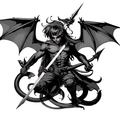 Anime Bat With Hunter Stabbing It With A Spear And A Snake Around