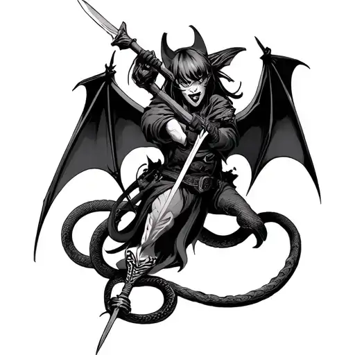 Anime Bat With Hunter Stabbing It With A Spear And A Snake Around