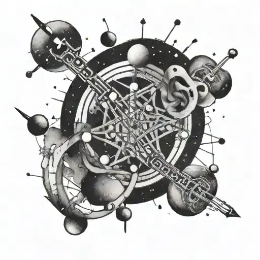 A Detailed Black And Grey Tattoo Of Orion's Constellation Intertwined With Musical Notes